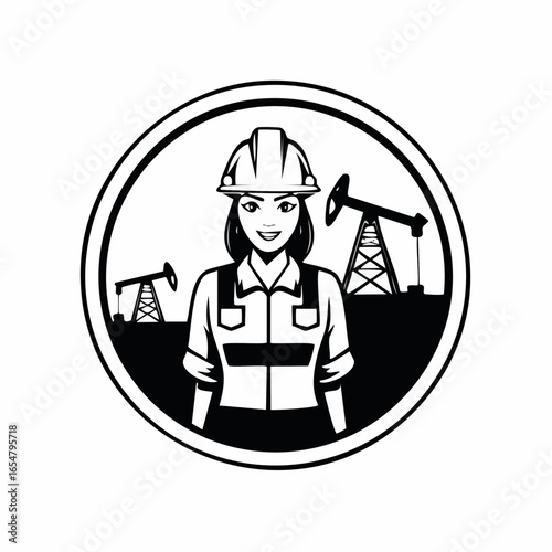 Oil Worker in the Mining Field, with Equipment and Energy Extraction logo design vector.