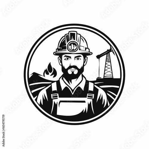 Oil Worker in the Mining Field, with Equipment and Energy Extraction logo design vector.