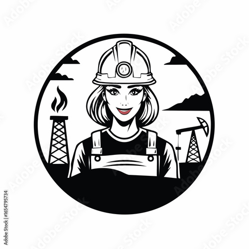 Oil Worker in the Mining Field, with Equipment and Energy Extraction logo design vector.