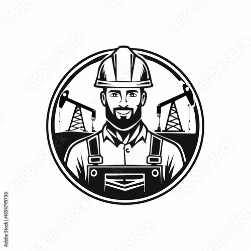 Oil Worker in the Mining Field, with Equipment and Energy Extraction logo design vector.