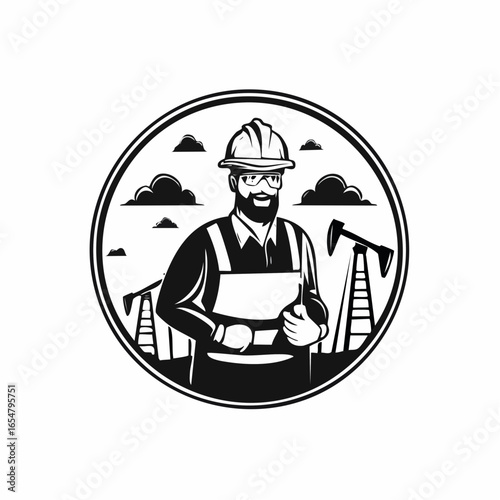 Oil Worker in the Mining Field, with Equipment and Energy Extraction logo design vector.