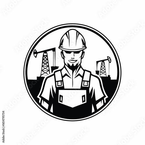 Oil Worker in the Mining Field, with Equipment and Energy Extraction logo design vector.