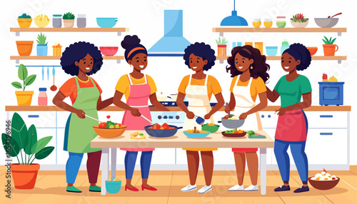 Vibrant vector illustration of a diverse group of women joyfully cooking and sharing a culinary experience in a modern kitchen.