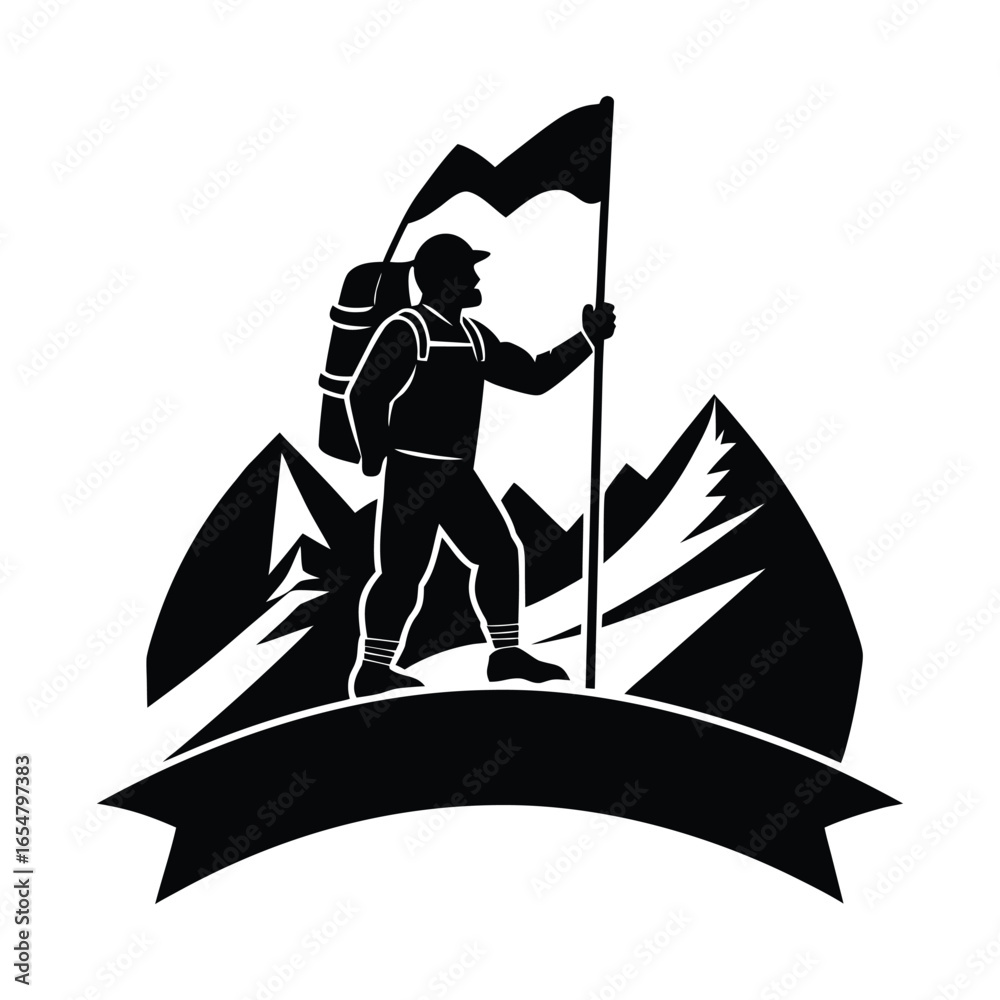 Fototapeta premium Silhouette of a climber planting a flag on a mountain peak