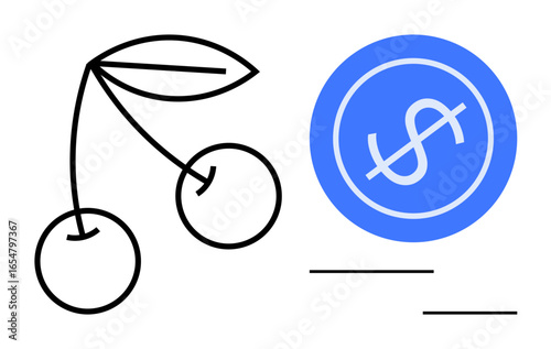 Black outline cherries with green leaf beside a blue circle containing a dollar sign. Ideal for sustainability, eco-finance, agriculture, eco-branding, healthy lifestyle, economy, nature. Simple flat