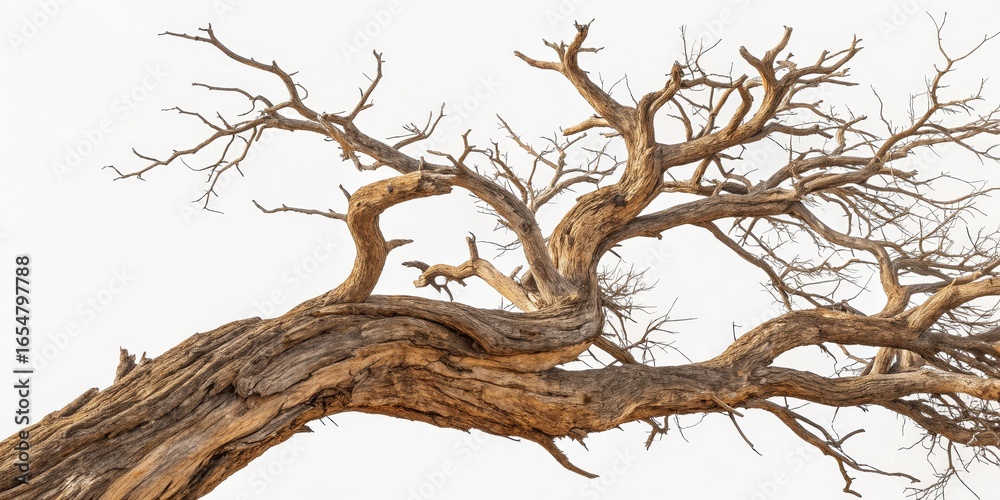 Fototapeta premium Dryad's Crown Twisted Branches of an Ancient Tree Against a White Sky, nature, textures