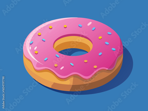Sweet pink frosted donut with colorful sprinkles on blue background