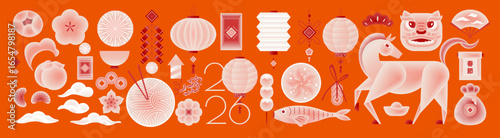2026. Chinese New Year. Year of the Horse. Vector modern abstract illustrations of lanterns, firecrackers, fan, noodles, koi fish, dragon, zodiac horse, clouds, fireworks, food, and lucky icons.	