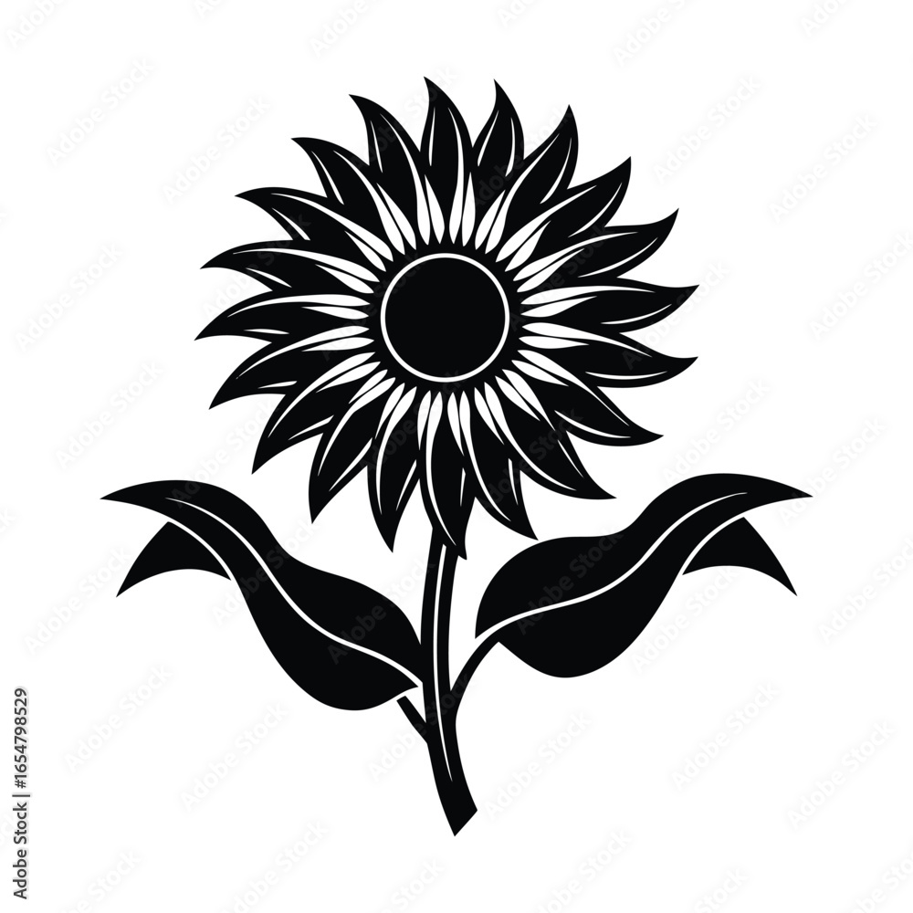 Fototapeta premium Stylized black silhouette of a sunflower with leaves