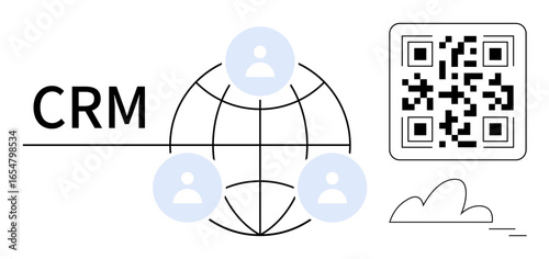 CRM text beside a globe with user icons, a QR code, and a cloud element. Ideal for customer relations, networking, technology, data management, business integration, user engagement simple flat