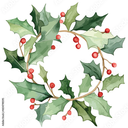 Watercolor Christmas Wreath with Green Leaves and Red Berries