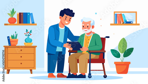 Young caregiver helping a senior man in a wheelchair use a digital tablet, a flat vector illustration of elderly support and assistance.