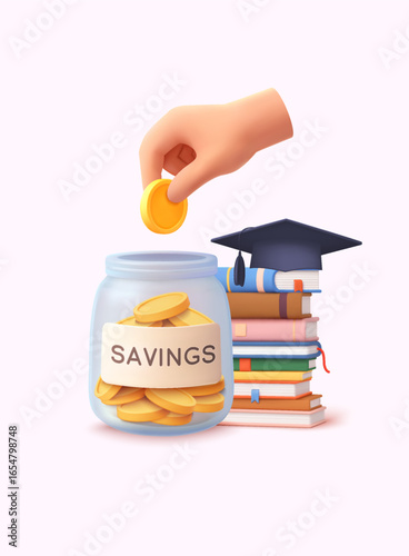 Hand puts coin in savings jar near books and graduation cap symbolizing education fund. 3D Web Vector Illustrations.