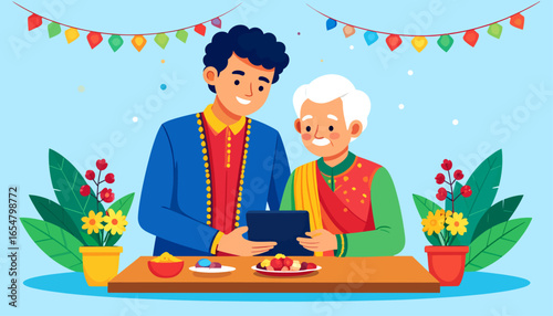 Son and elderly father in traditional attire using a tablet during a festive celebration, flat vector illustration.