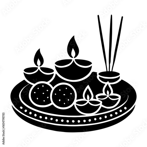 Traditional indian puja thali with diyas and incense sticks