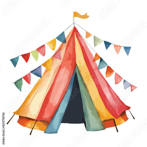 Watercolor Circus Tent with Colorful Pennant Banners and a Waving Flag