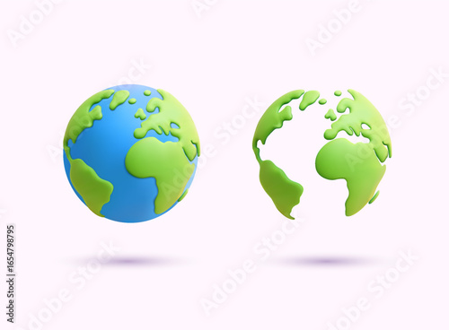 Set of two green-blue globes representing Earth and planet sustainability concept. 3D Web Vector Illustrations.