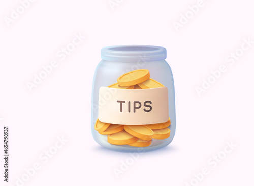 Illustration of a glass jar full of coins with a label tips on pastel background. 3D Web Vector Illustration.