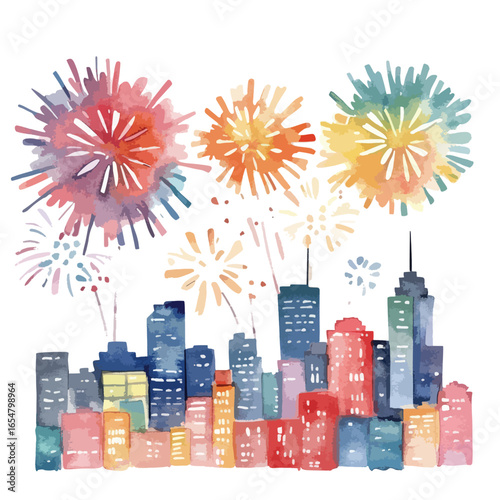 Watercolor Cityscape with Colorful Fireworks Displaying Vibrant Celebration Above Buildings