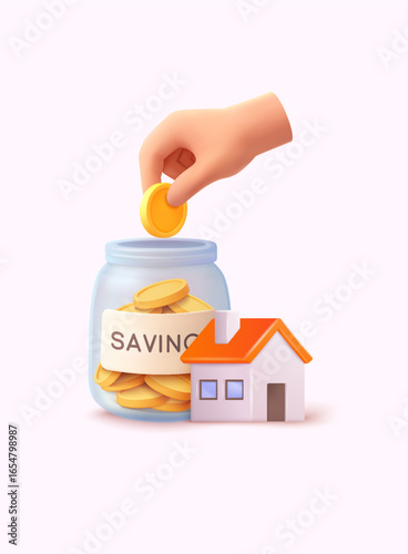 Hand putting coin in savings jar near house symbolizing investment and home savings. 3D Web Vector Illustrations.