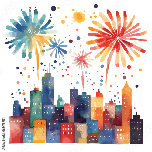 Watercolor Cityscape with Vibrant Fireworks Display and Colorful Confetti