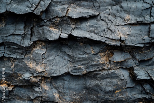 Close-up view of dark gray rock face, showcasing intricate layers and textured fissures.