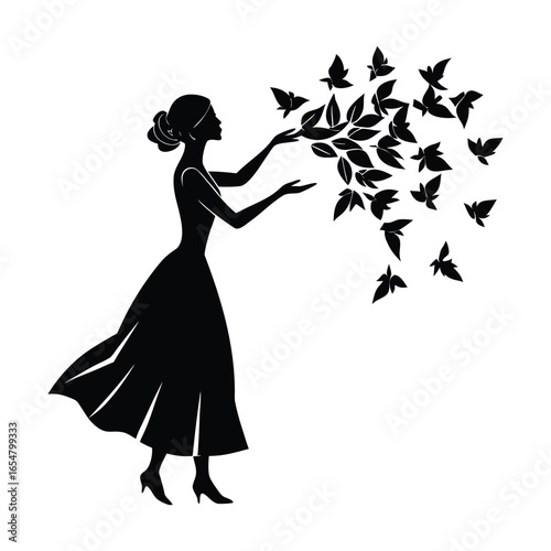 Elegant silhouette woman releasing leaves and birds