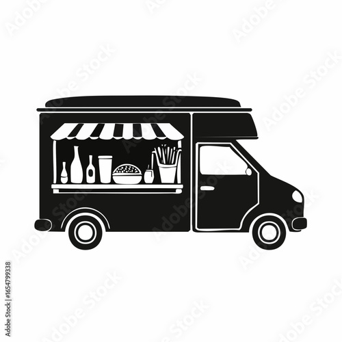 Black and white Food truck side view with food and drink image vector isolated on white background.