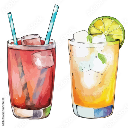 Watercolor Cocktails Refreshing Drinks with Ice Straws and Lime Garnish