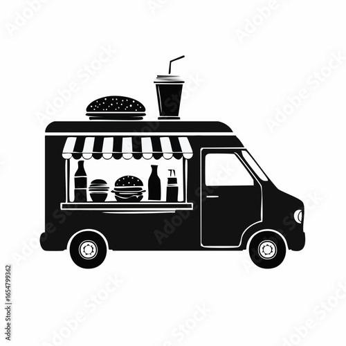 Black and white Food truck side view with food and drink image vector isolated on white background.