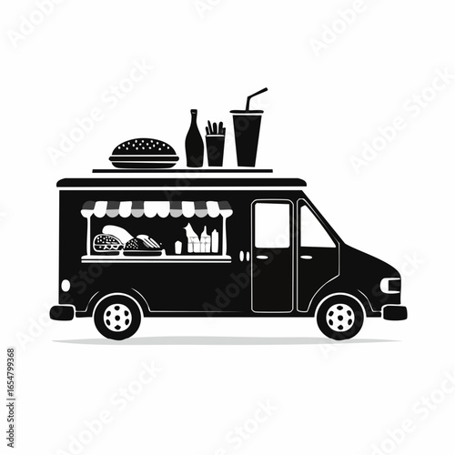 Black and white Food truck side view with food and drink image vector isolated on white background.