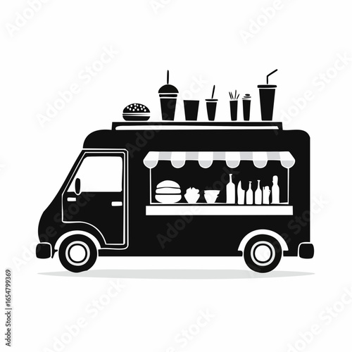 Black and white Food truck side view with food and drink image vector isolated on white background.