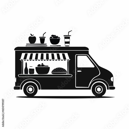 Black and white Food truck side view with food and drink image vector isolated on white background.