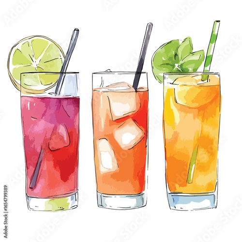 Watercolor Cocktails Refreshing Trio with Lime Ice and Mint Garnishes