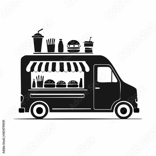 Black and white Food truck side view with food and drink image vector isolated on white background.