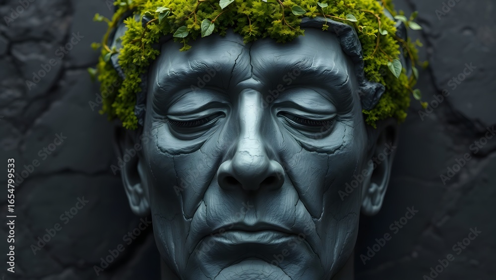 Obraz premium A Cinematic Portrait Closeup of a Serene Stone Face Adorned with Greenery