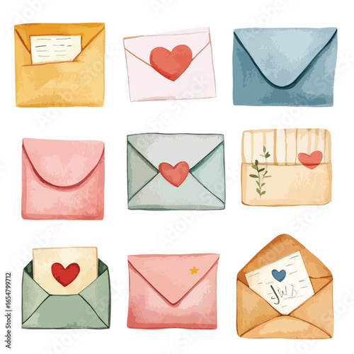 Watercolor Collection of Nine Envelopes with Hearts and Letters