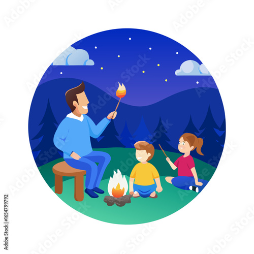 A heartwarming scene of a father and his children happily roasting marshmallows over a campfire during a camping trip, under a starry night sky.