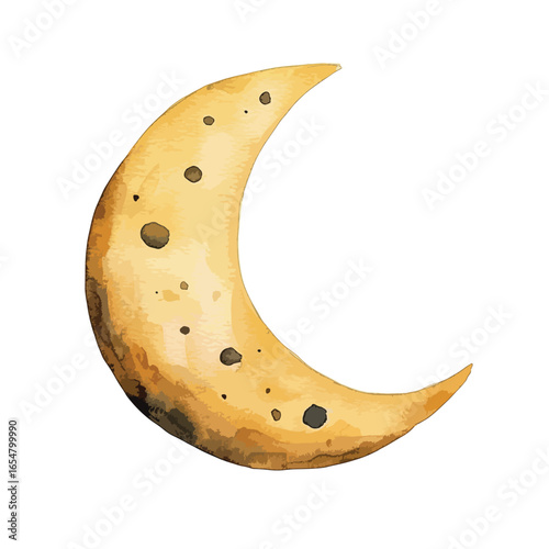 Watercolor Crescent Moon with Textured Surface and Dark Spots