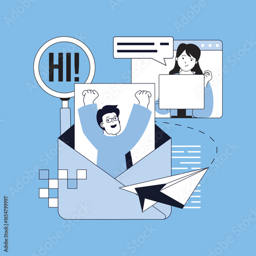 Communication concept for modern web design. People chatting online, sending emails, answering messages, get digital letters, sharing information and feedback in social network. Vector illustration.