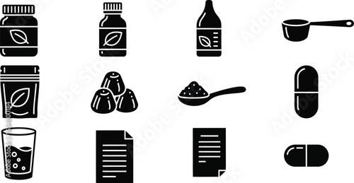 Healthy lifestyle and wellness supplements and pills icons in black and white