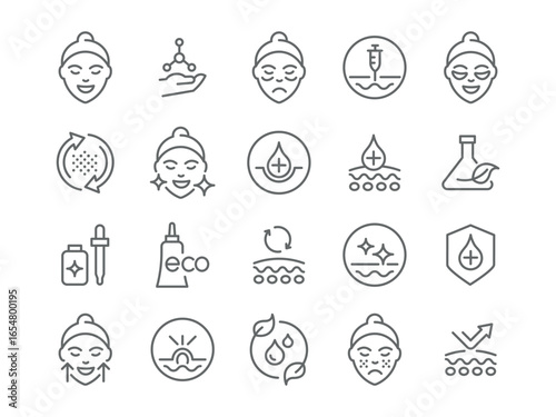 Set of icons created by man on the theme of skinCare, beauty injections, serum and cream, problem area renewal. Editable vector ready to use