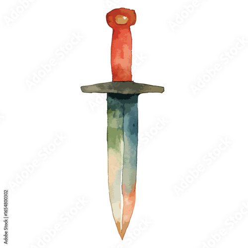 Watercolor Dagger with Red Hilt and BlueGreen Blade Illustration