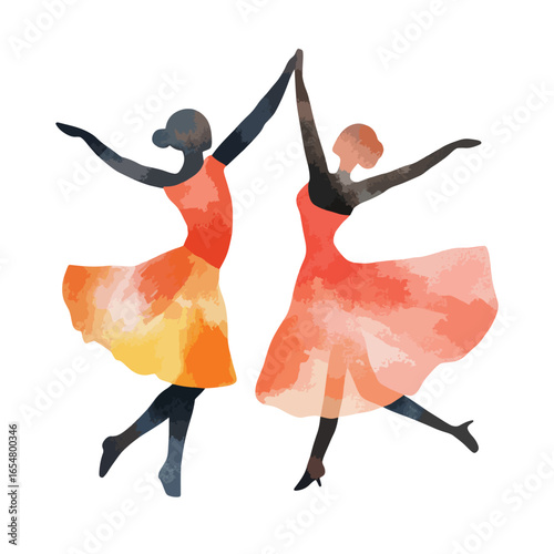 Watercolor Dance Duet Joyful Leaping Figures in Orange Dresses