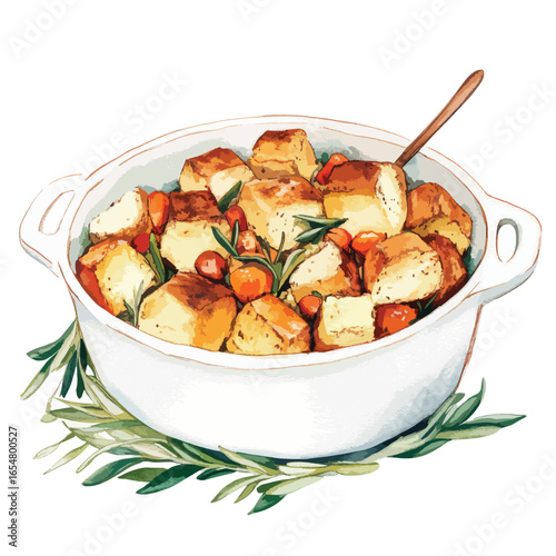 Watercolor depiction of a baked casserole with goldenbrown cubes herbs and tomatoes