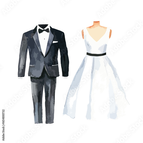 Watercolor depiction of a tuxedo and wedding dress ready for nuptials