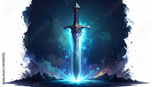 A majestic, glowing sword stands on a mystical, dark background, radiating an aura of power and magic.