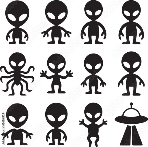 Twelve black silhouette icons of aliens and aUFO on white background extraterrestrial