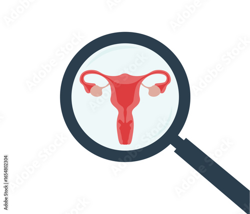 Examining Uterus With With Magnifying Glass. Gynecological Care And Female Reproductive Health Concept