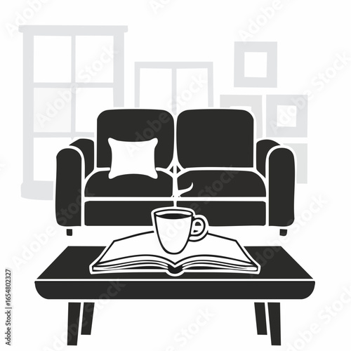 Coffee Mug and Book on a Table in Front of a Soft Comfortable Sofa image vector.